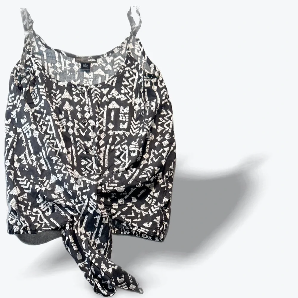 AQUA Black White Tribal Geometric Tie Front Camisole Tank Top Small 14599 - Picture 2 of 5